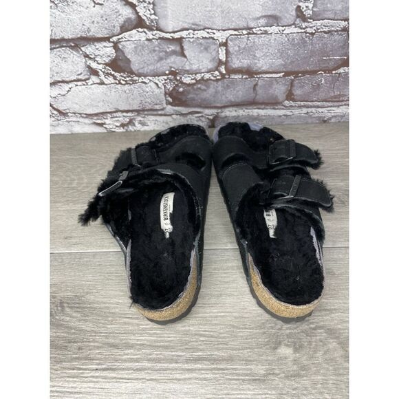 Birkenstock Arizona Black Suede Fur Cork Slides Sandals Women’s Sz 37EU/6.5M US - Picture 15 of 16